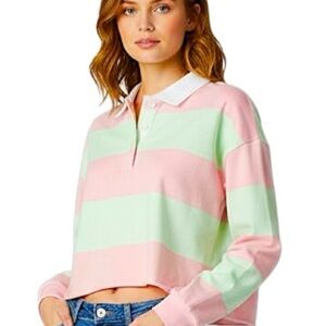 NO BOUNDARIES Rugby Shirt Long Sleeve Oversized Pink & Mint Green SZ JRs Medium